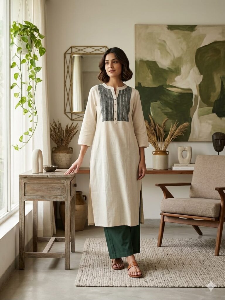 Katha Stitch Work Long Cotton Kurti (White)