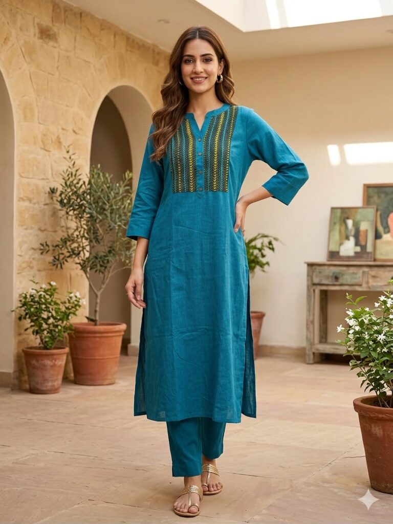 Katha Stitch Work Long Cotton Kurti (Teal Blue)