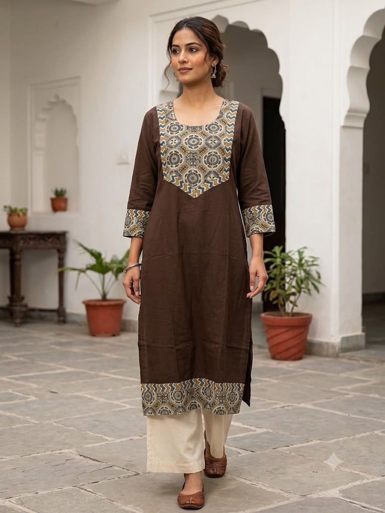 Ajrakh Patch Work Kurta (Brown)