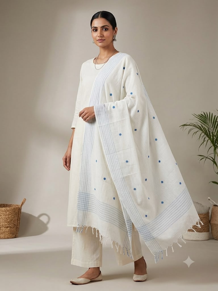 Katha Stitch Dupatta (White and blue)