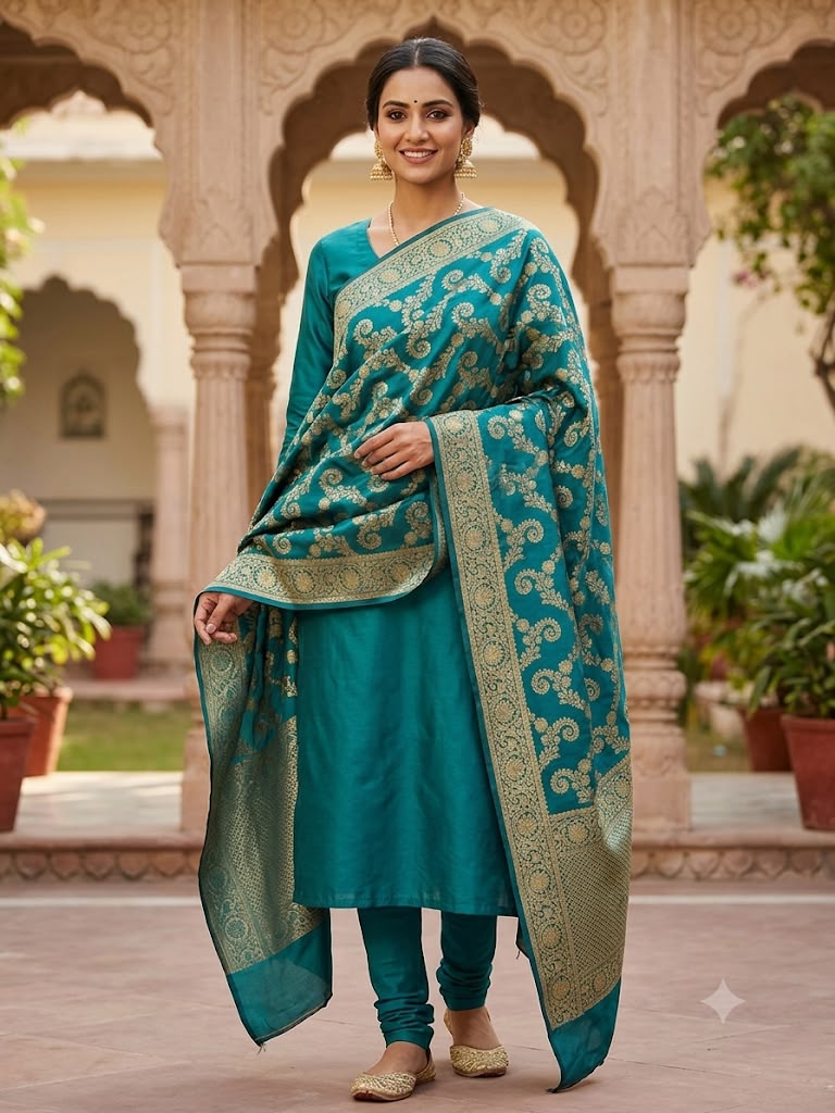 Benarasi Brocade Dupatta (Aqua Blue)