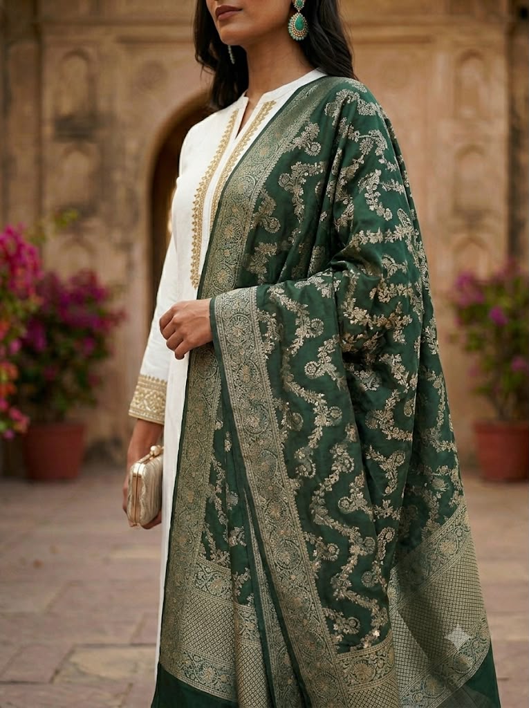 Benarasi Brocade Dupatta (Forest Green)