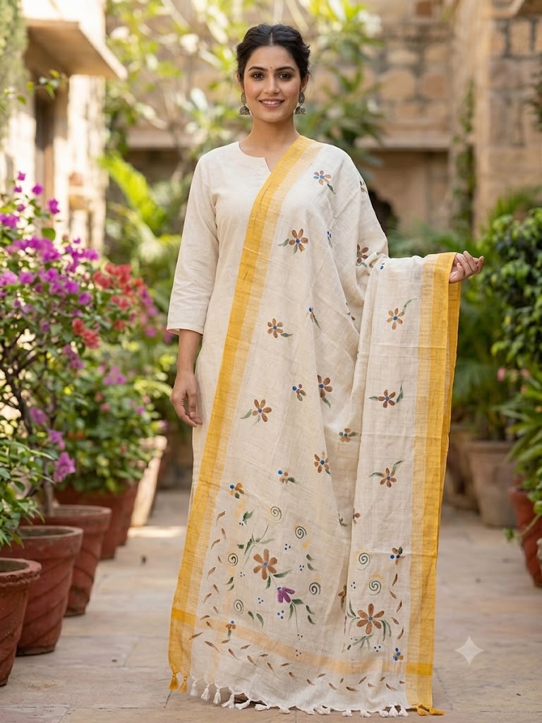 Khadi Hand painted Dupatta (Yellow)