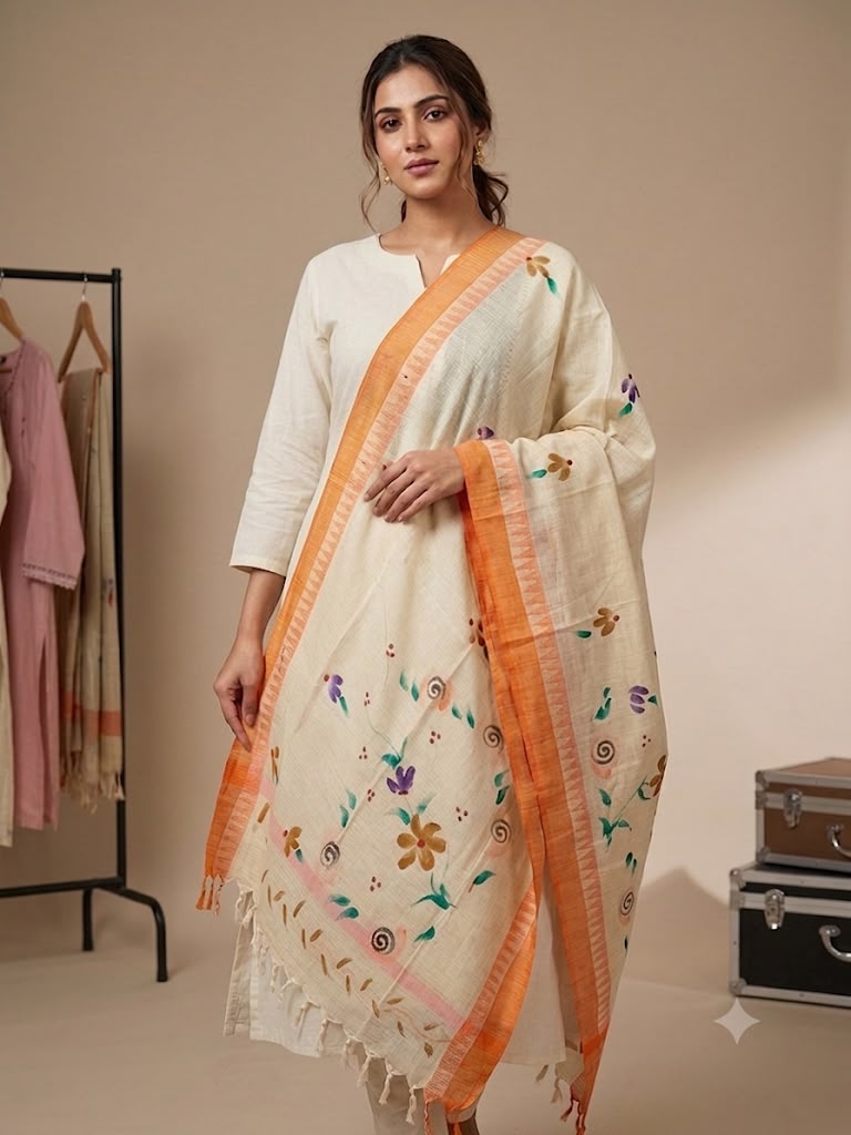 Khadi Hand painted Dupatta (Orange)