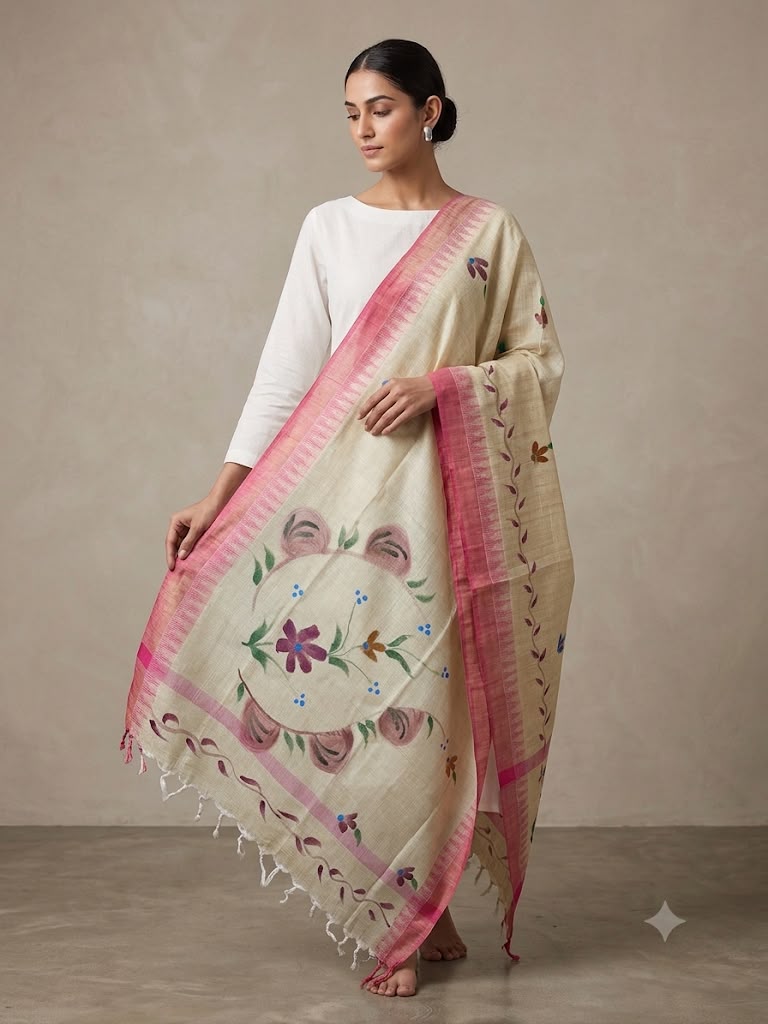 Khadi Hand painted Dupatta (Pink)