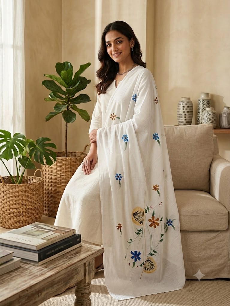 Cotton Floral Hand painted Dupatta (White)