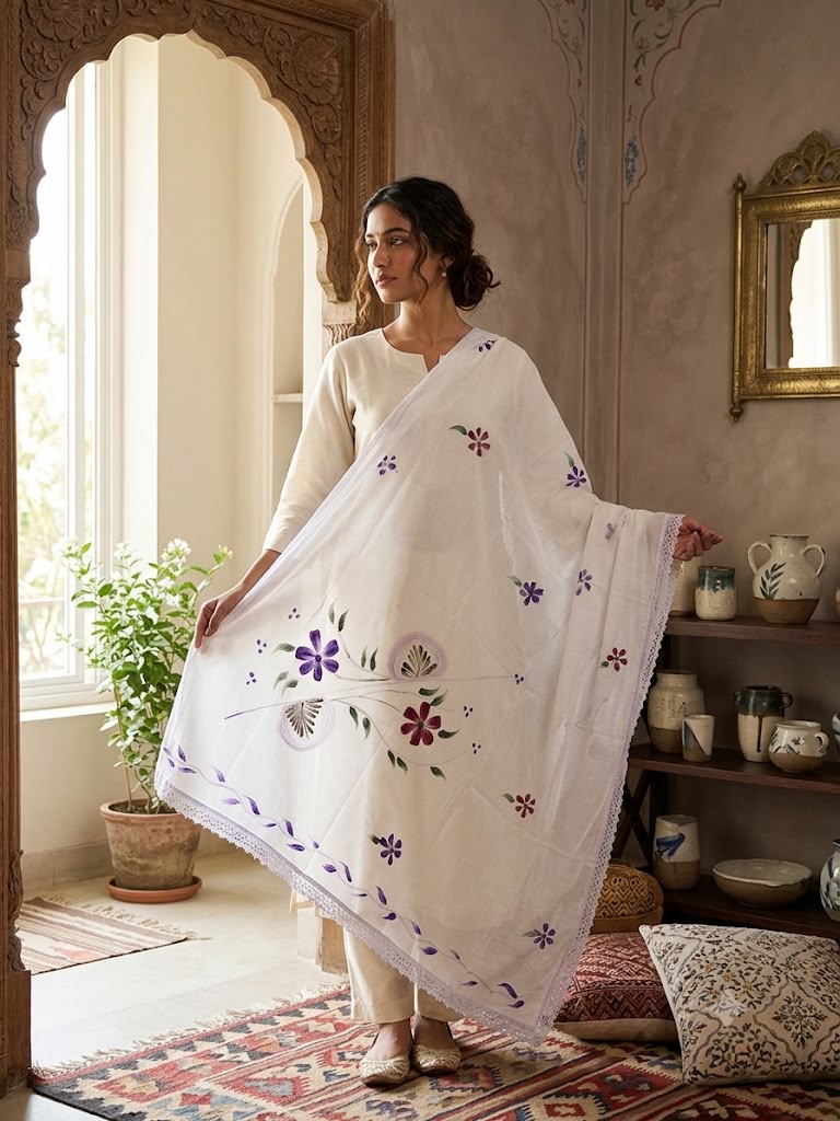 Cotton Floral Hand painted Dupatta (White)