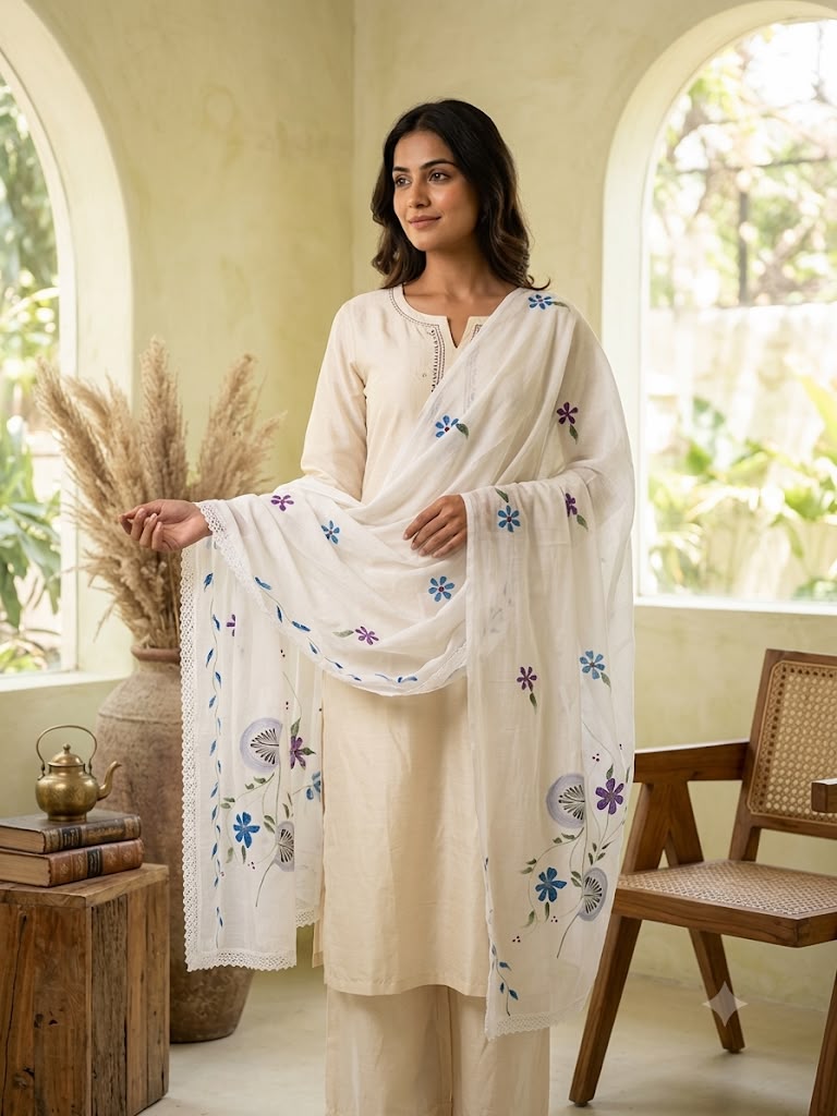Cotton Floral Hand painted Dupatta (White)