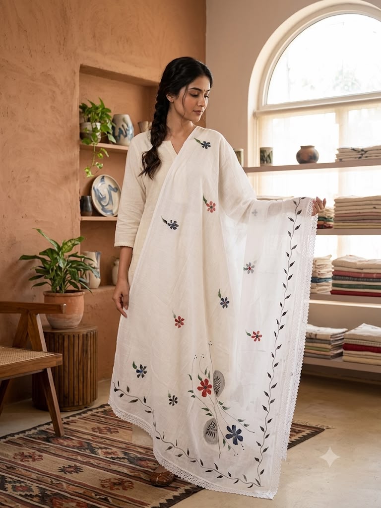 Cotton Floral Hand painted Dupatta (White)