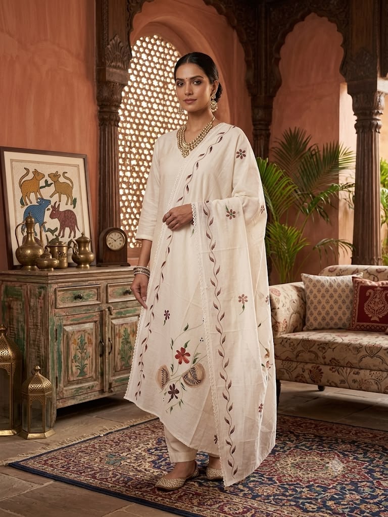 Cotton Floral Hand painted Dupatta (White)
