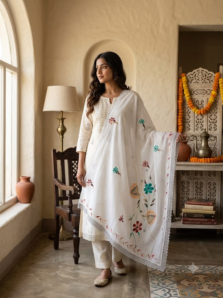 Cotton Floral Hand painted Dupatta (White)