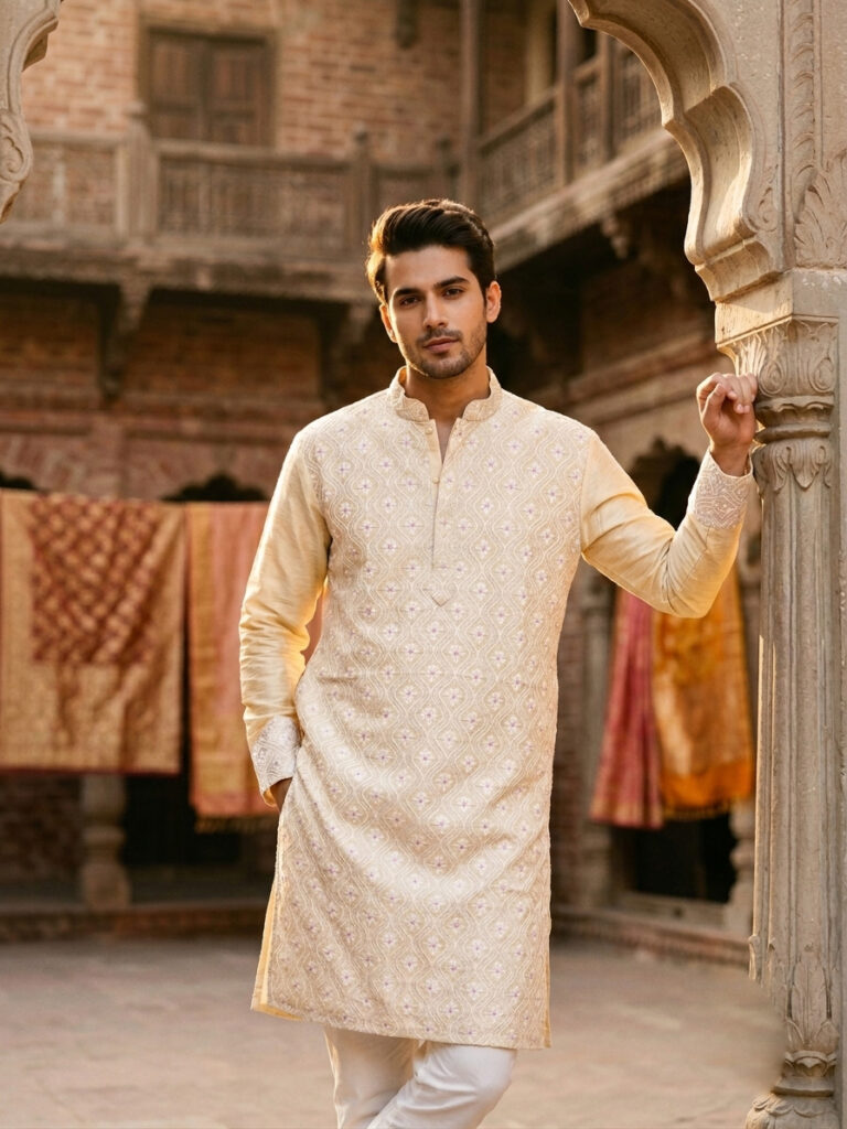 Benarasi Punjabi (Creme and Pink )