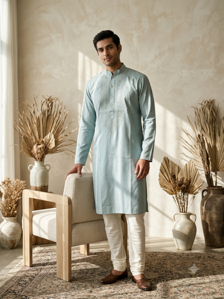 Cotton Self Work Punjabi (Silver Green)