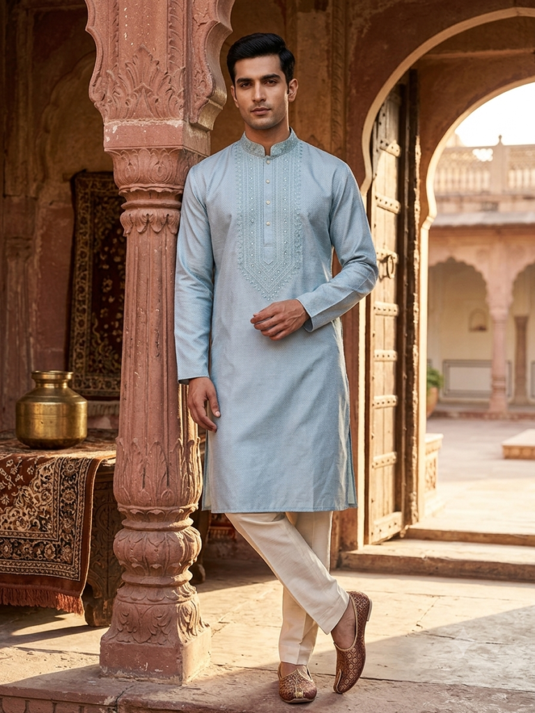 Cotton Self Work Punjabi (Silver Grey)