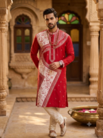 Cotton Silk Embroidery Punjabi (Red)