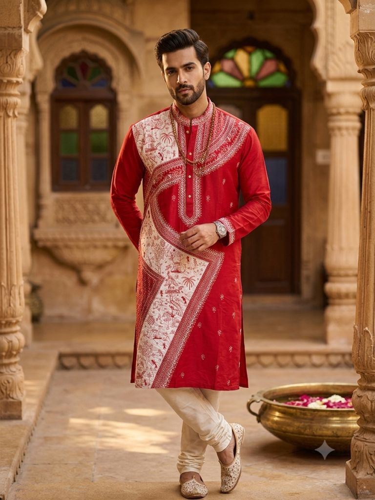 Cotton Silk Embroidery Punjabi (Red)