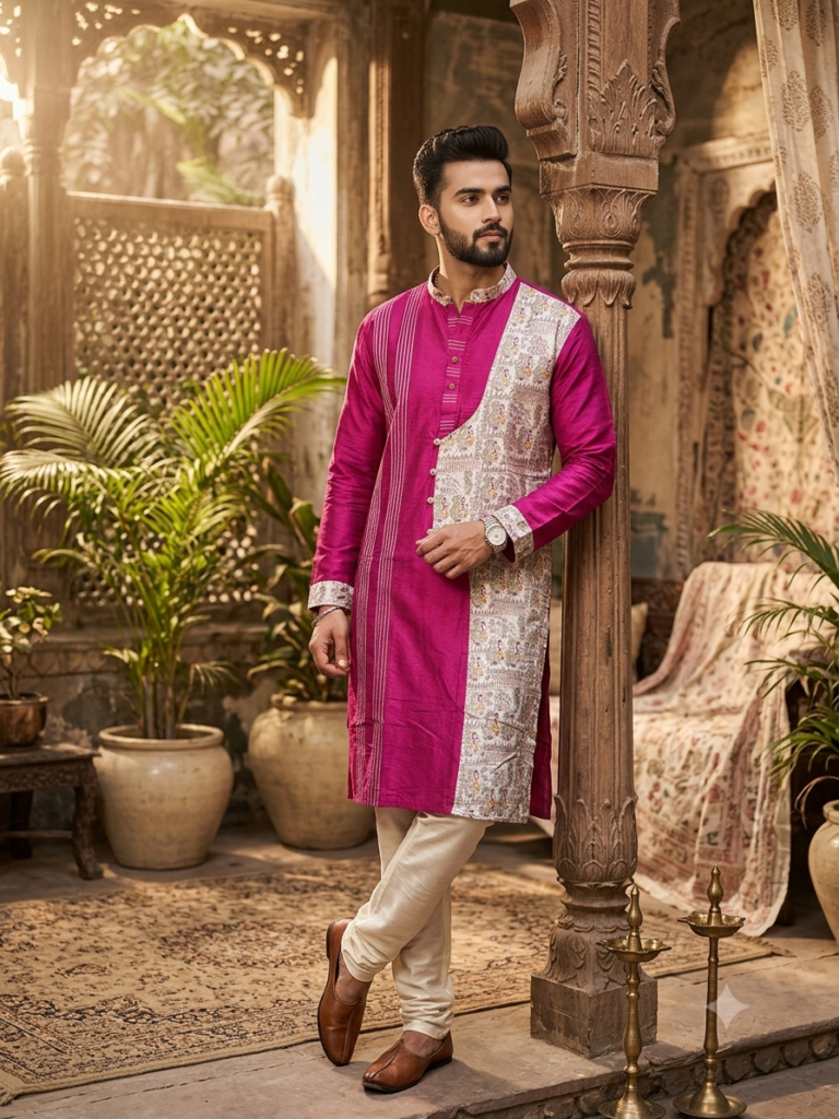 Cotton Silk Madhubani Punjabi (Magenta)