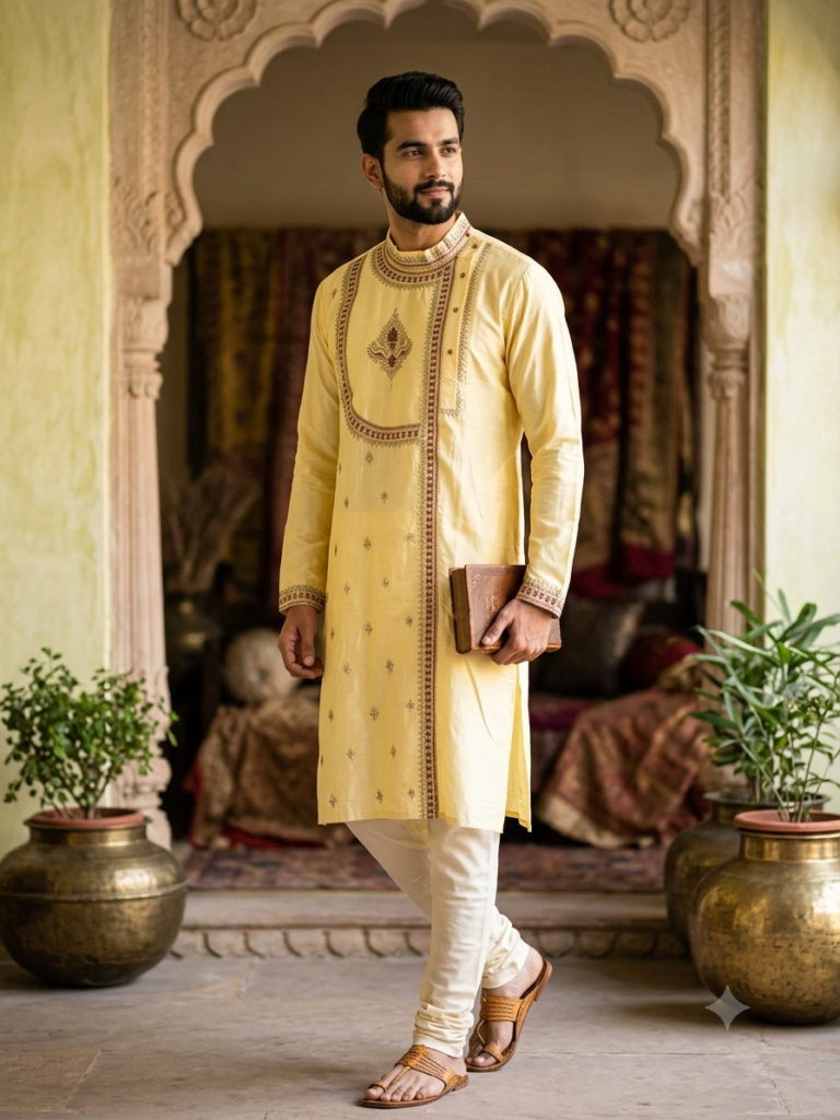 Cotton Silk Side Button Punjabi (Creme)