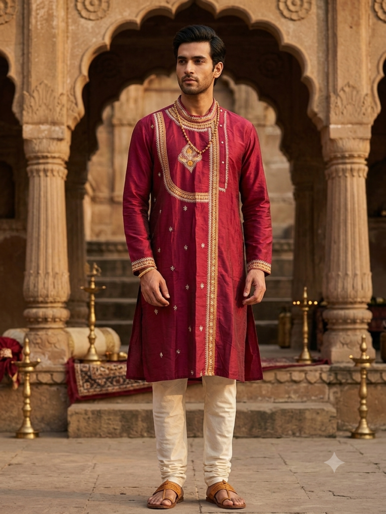 Cotton Silk Side Button Punjabi (Maroon)