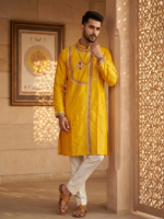 Cotton Silk Side Button Punjabi (Mustard Yellow)