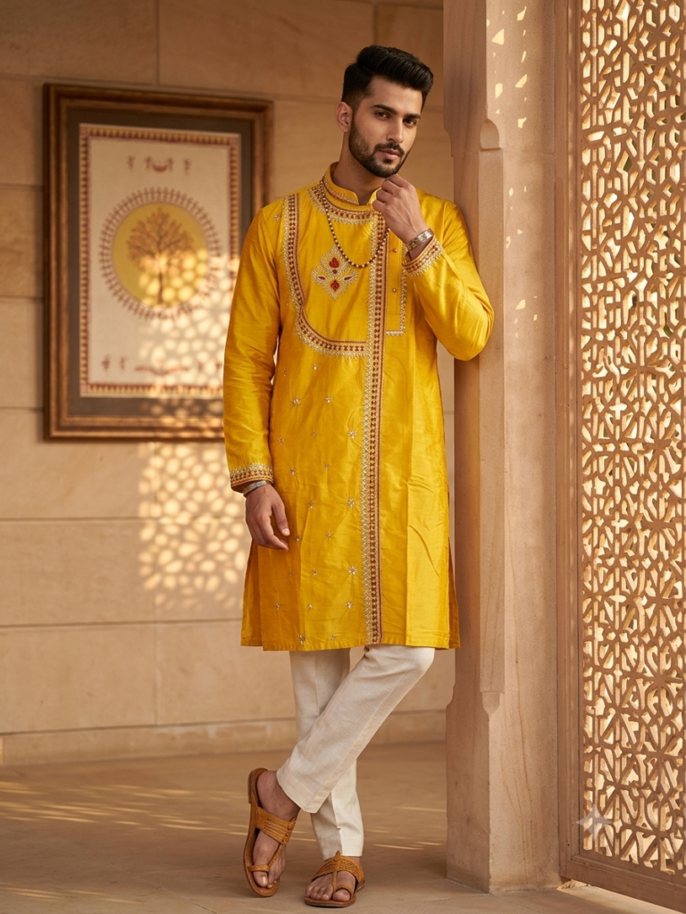 Cotton Silk Side Button Punjabi (Mustard Yellow)