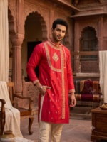 Cotton Silk Side Button Punjabi (Red)