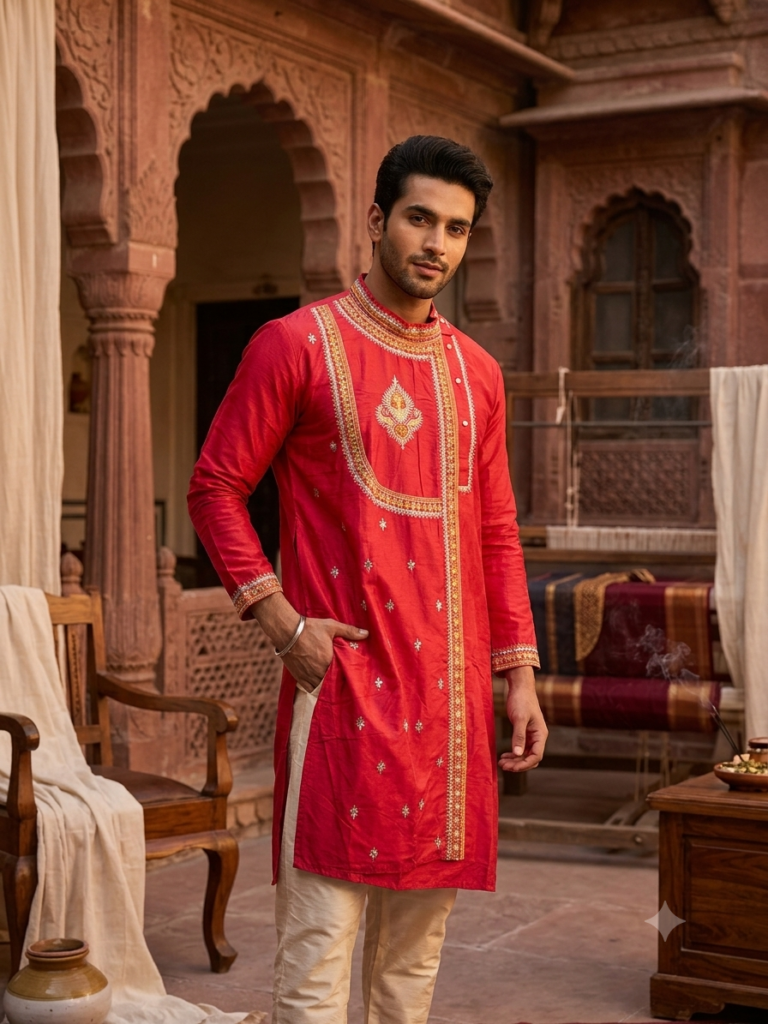 Cotton Silk Side Button Punjabi (Red)