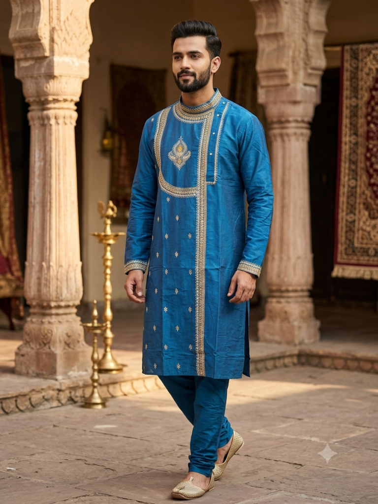 Cotton Silk Side Button Punjabi (Teal Blue)