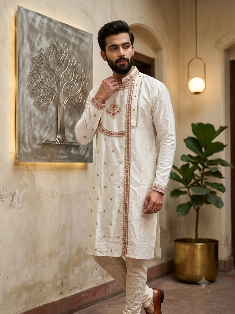 Cotton Silk Side Button Punjabi (White)