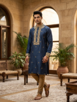 Cotton Silk Zari Embroidery Punjabi (Navy Blue)