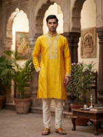 Cotton Silk Zari Embroidery Punjabi (Yellow)
