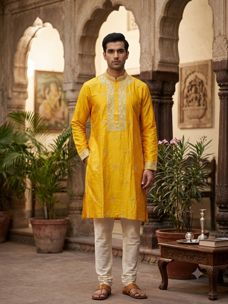 Cotton Silk Zari Embroidery Punjabi (Yellow)