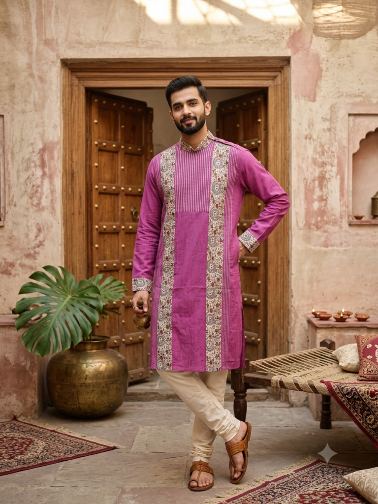 Khadi Punjabi with Worli Pattern (Dark Magenta)