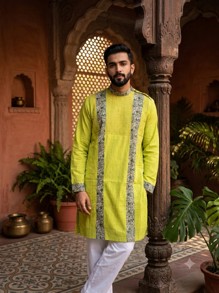 Khadi Punjabi with Worli Pattern (Lime Green)
