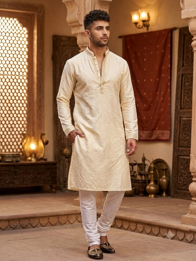 Seqence Work Silk Punjabi (Creme)