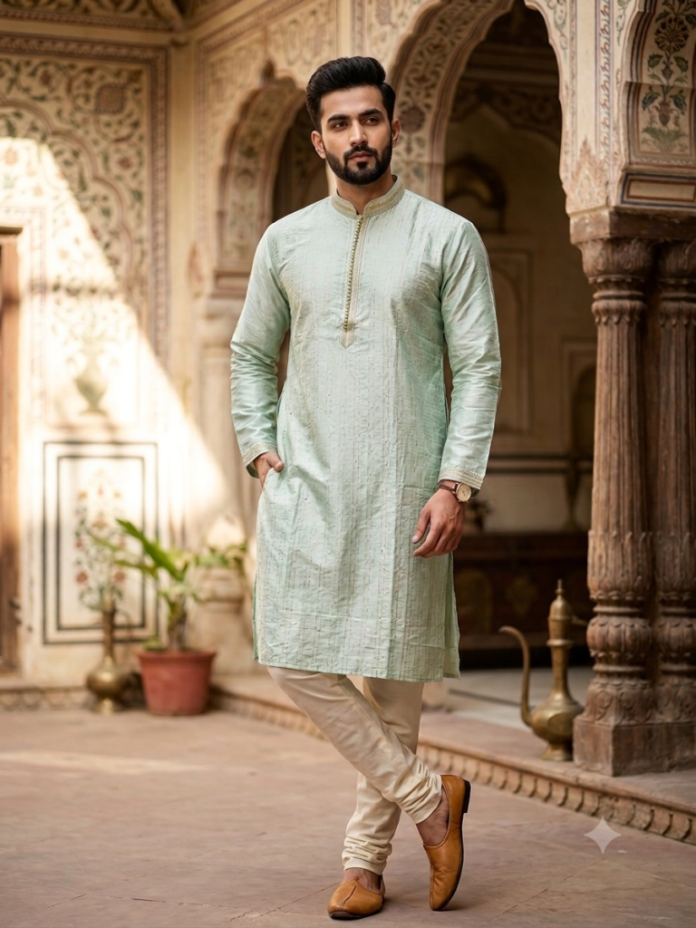Seqence Work Silk Punjabi (Sage Green)